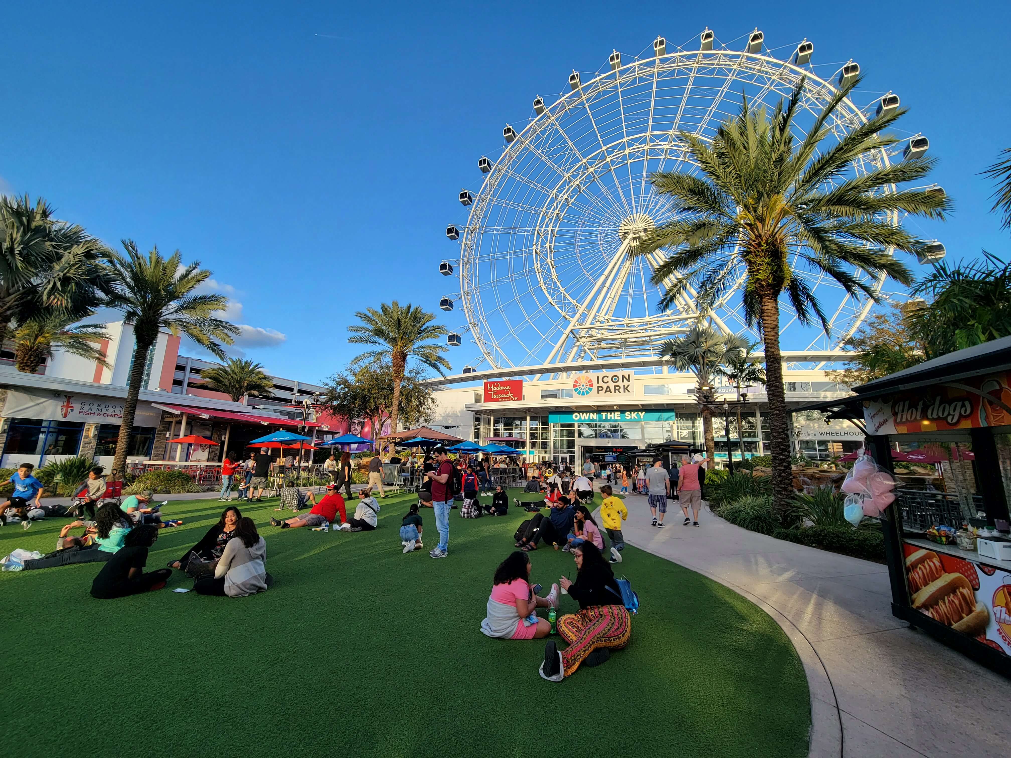 Pessoas sentadas em uma área verde no ICON Park em Orlando, com a roda-gigante ao fundo, em um ambiente animado e ensolarado.