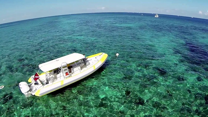 Imagem de um barco branco e amarelo flutuando nas águas claras e cristalinas da Biscayne Bay, em Miami. A vista aérea destaca a beleza do oceano, com tons de azul e verde que transmitem tranquilidade e o cenário ideal para um passeio turístico inesquecível pela baía.